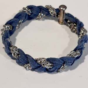 Vintage Denim Suede Silver Tone Chain Braided Bracelet
